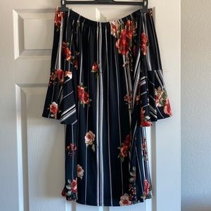 Amelia James off the shoulder dress, black with flower design, size large